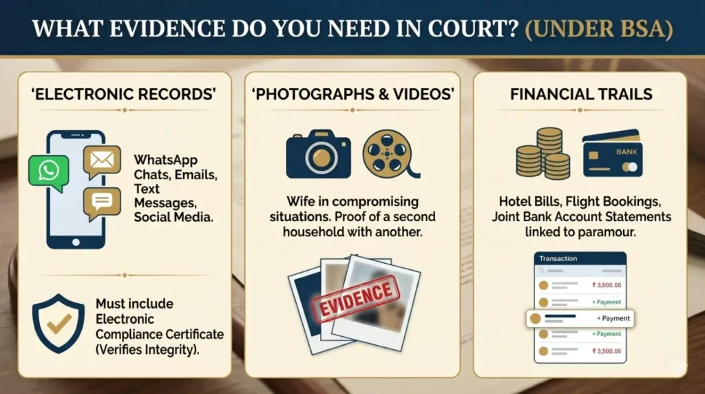 A modern Indian legal infographic detailing key evidence to prove a wife's infidelity in court. It is split into three panels: 1. ELECTRONIC RECORDS (WhatsApp chats, emails, and electronic compliance certificates under BSA). 2. PHOTOGRAPHS & VIDEOS (compromising situations, second households). 3. FINANCIAL TRAILS (hotel bills, flight bookings, joint bank accounts linked to the paramour).