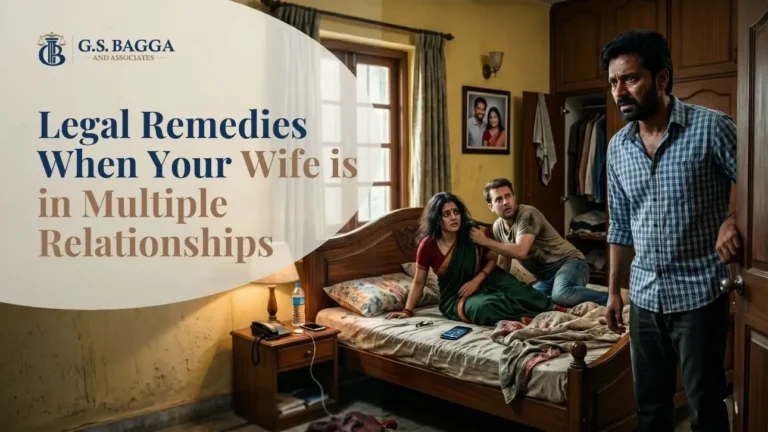A visual of an Indian husband discovering his wife is in multiple relationships with another man, illustrating the emotional hook of an article on legal remedies, divorce, and protecting assets for husbands when a spouse is in multiple relationships under modern Indian law, provided by G.S. Bagga & Associates