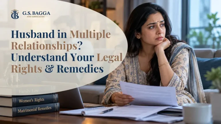 Indian wife looking concerned while holding legal documents as her husband uses his phone in the background, representing legal rights and remedies when a husband has multiple relationships in India.