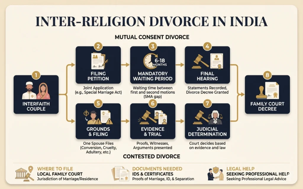 Step by step inter religion divorce process in India under Special Marriage Act including mutual and contested divorce