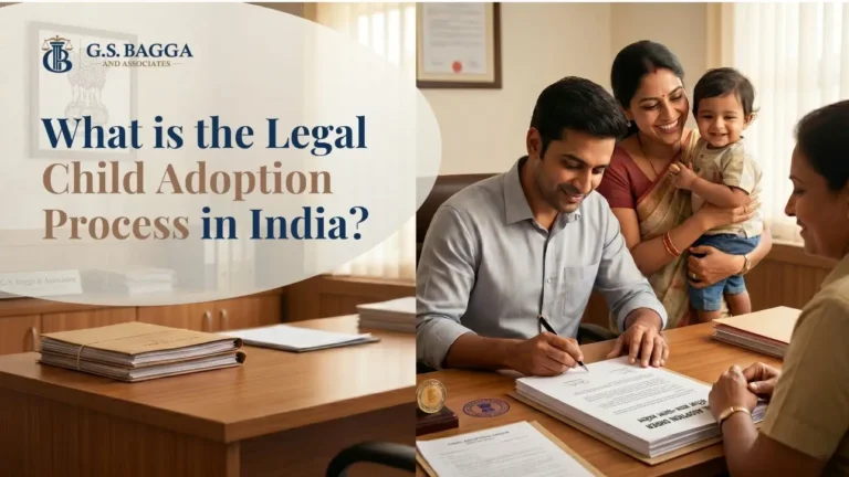 A happy Indian mother holds her child while the father signs adoption order documents in a government office, representing the safe and legal child adoption process in India.
