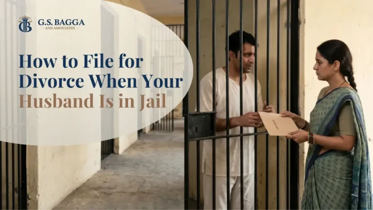 An Indian woman in a saree calmly hands a legal divorce notice through prison bars to her husband, with an empty concrete background on the left for text overlay.