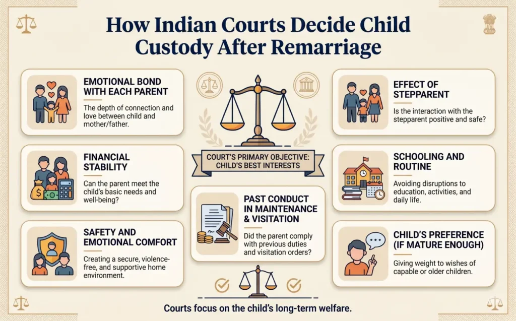 Infographic explaining how remarriage can help, not change, or challenge child custody in India.