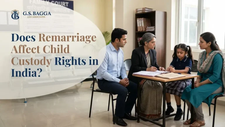 Indian family court image showing parents, child, and advocate discussing child custody rights after remarriage.