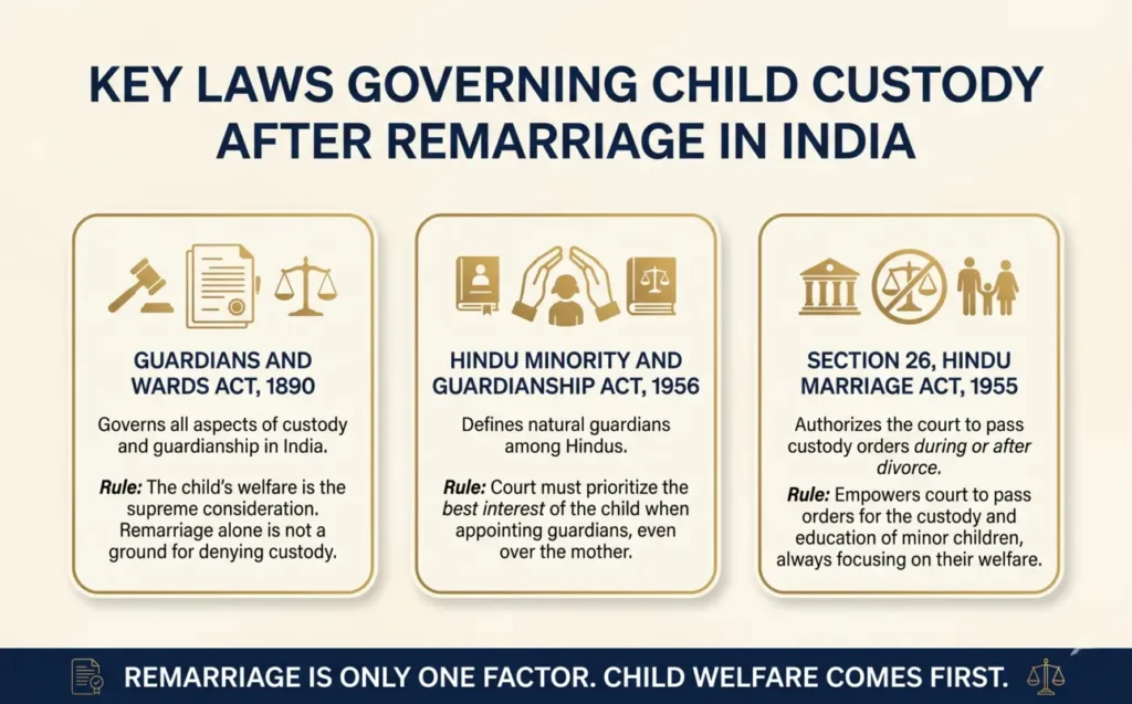 Infographic on key laws governing child custody after remarriage in India, including the Guardians and Wards Act and Hindu law.
