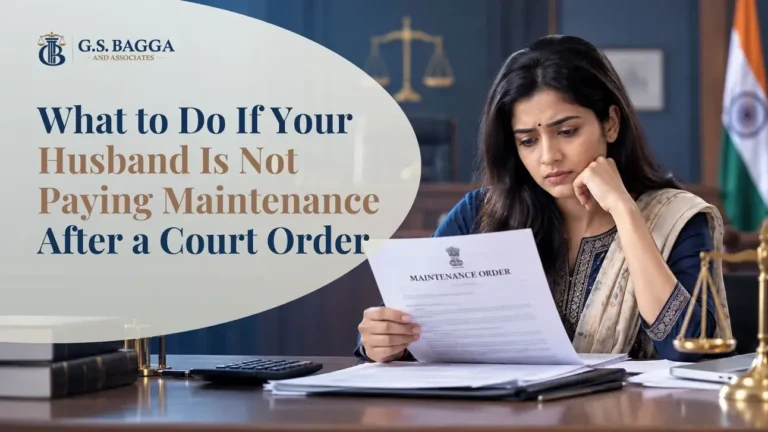 Indian woman reviewing a court-ordered maintenance document in a legal office.