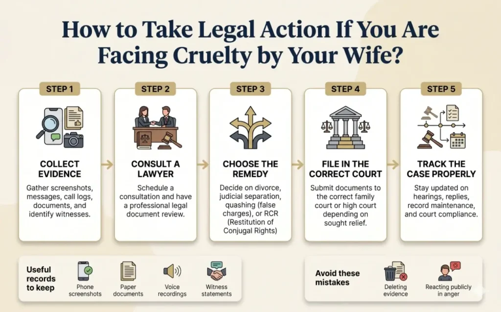 Step-by-step legal action guide for Indian husbands facing cruelty by wife, including evidence, lawyer consultation, and court filing.