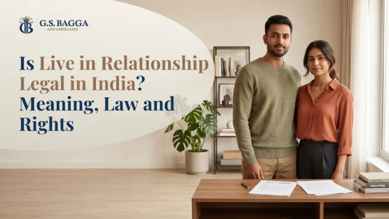 Young Indian couple standing together in a modern home with legal papers on a table, representing live-in relationship rights in India.