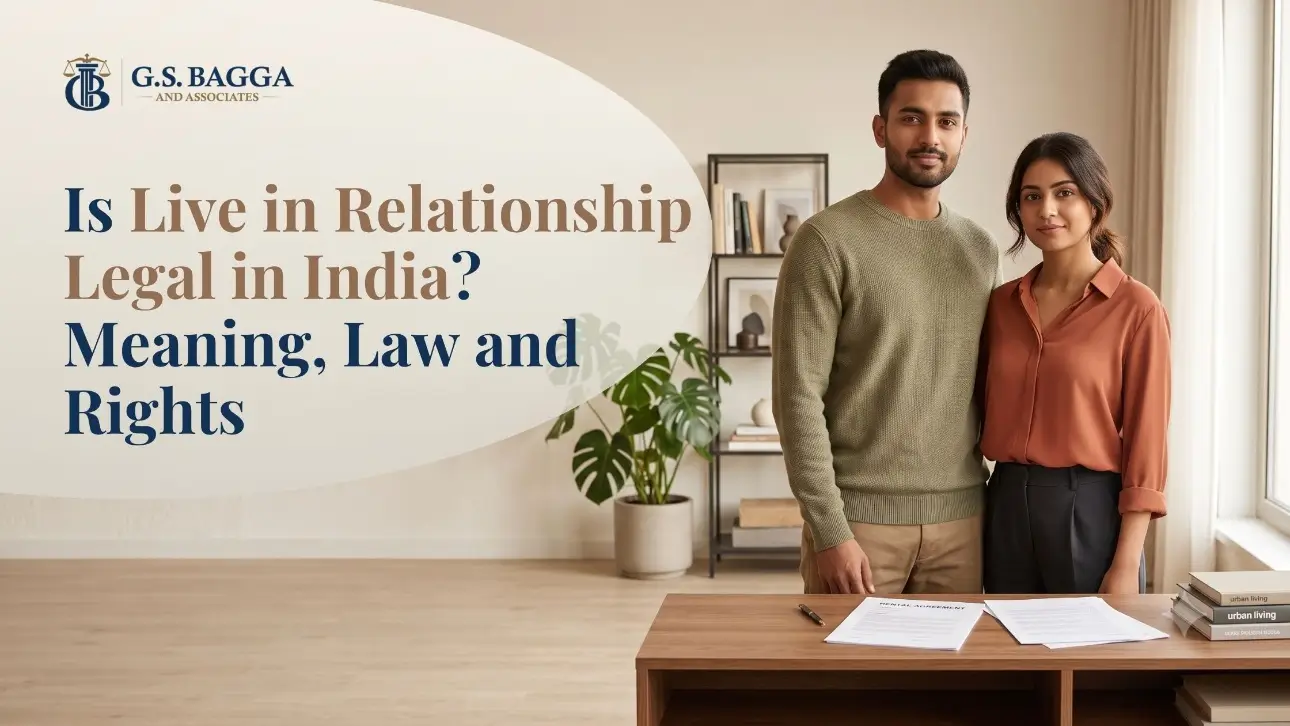 Young Indian couple standing together in a modern home with legal papers on a table, representing live-in relationship rights in India.
