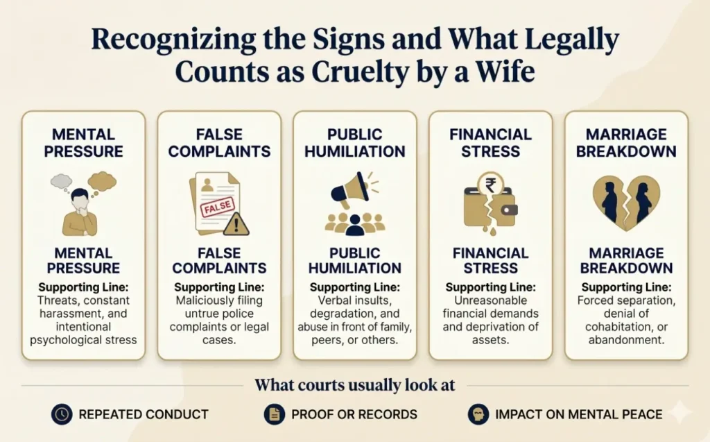 Infographic showing signs that may legally count as cruelty by wife under Indian matrimonial law, including false complaints and mental pressure.