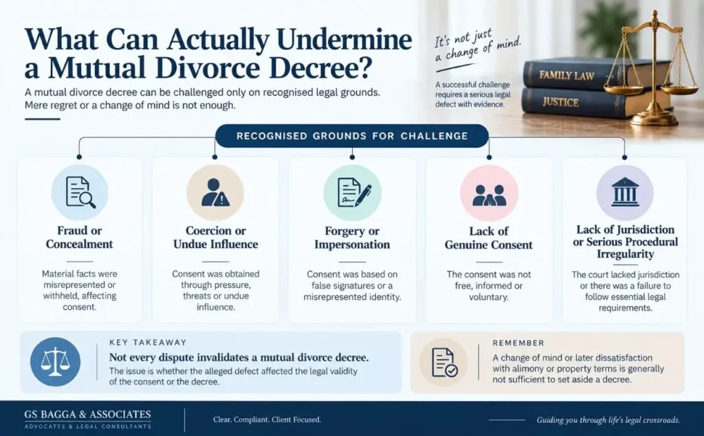 Infographic showing legal grounds that may be relevant when challenging a mutual divorce decree in India