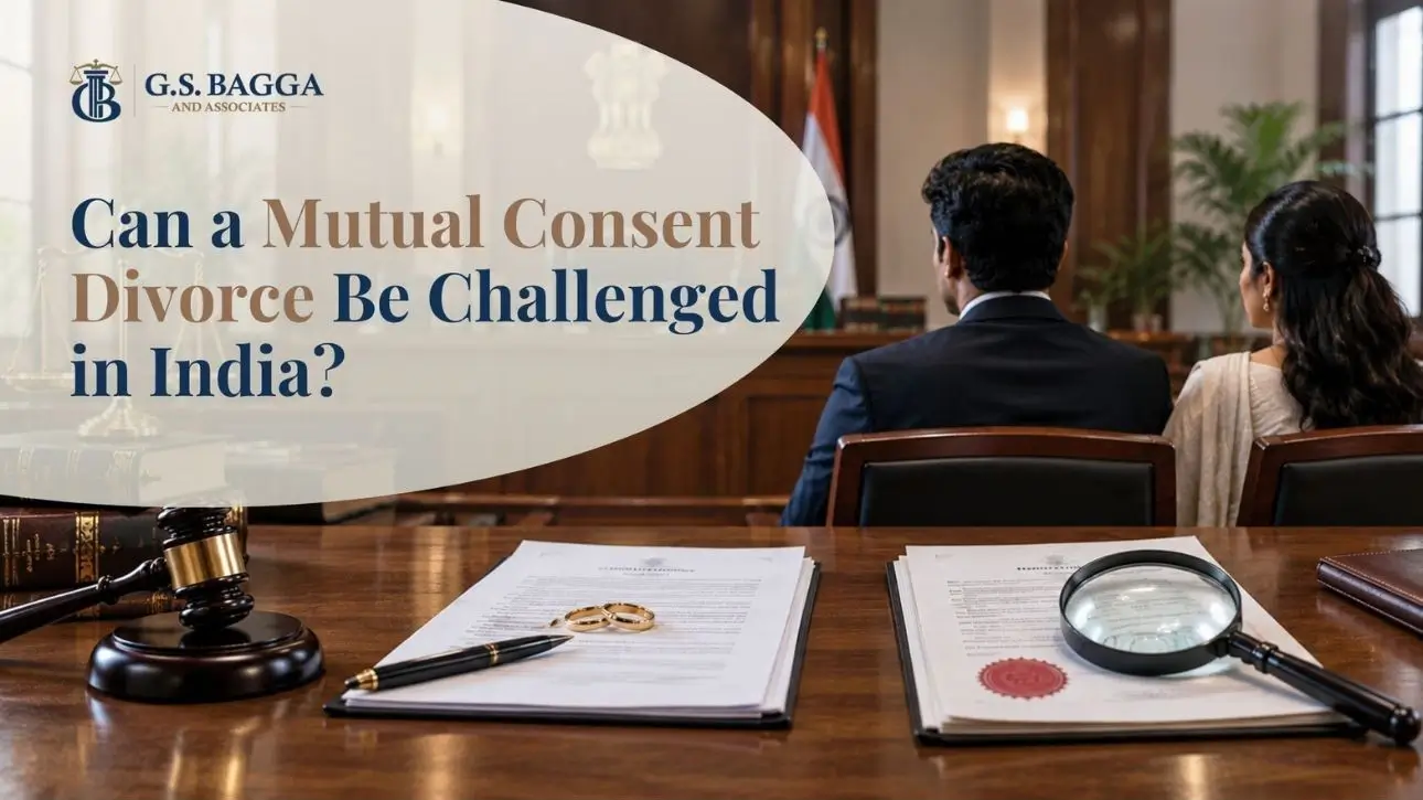 Couple reviewing mutual divorce documents in an Indian courtroom setting