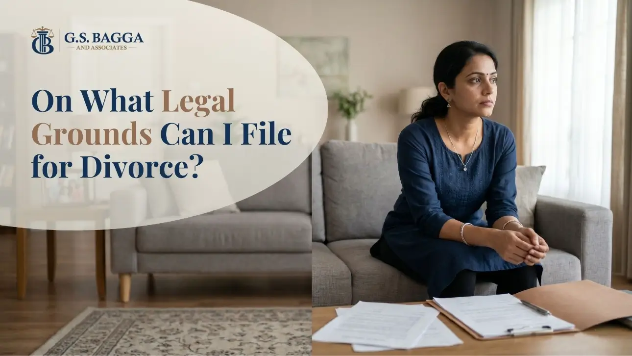 Indian woman sitting on a sofa looking thoughtful with divorce papers on a coffee table, contemplating legal grounds for divorce.