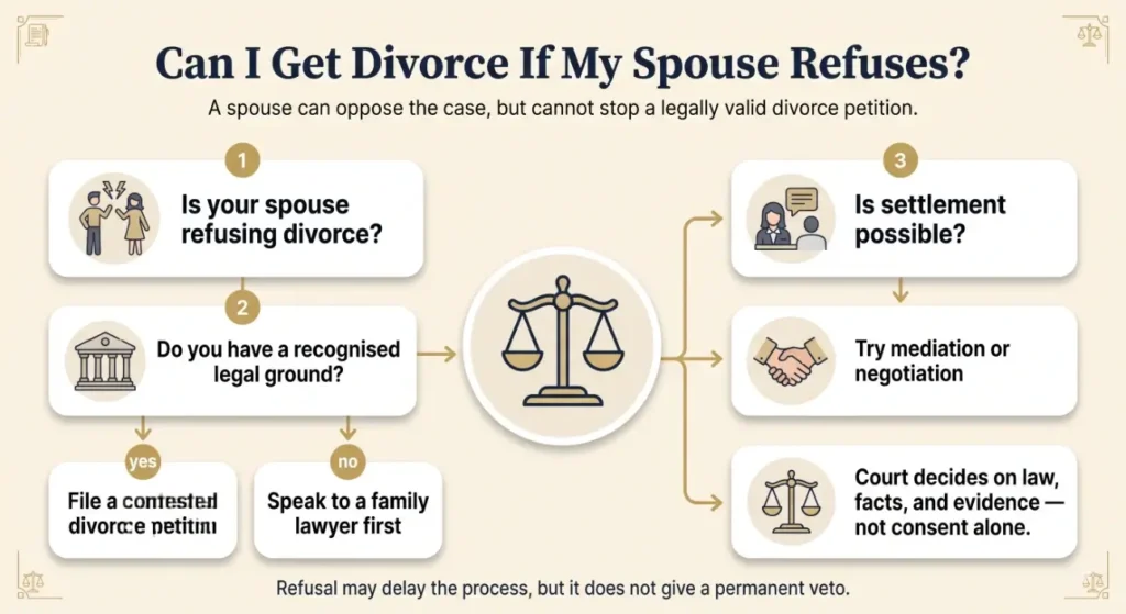 Flowchart explaining whether a spouse can get divorce in India when the other spouse refuses, including legal grounds, mediation, and court decision.