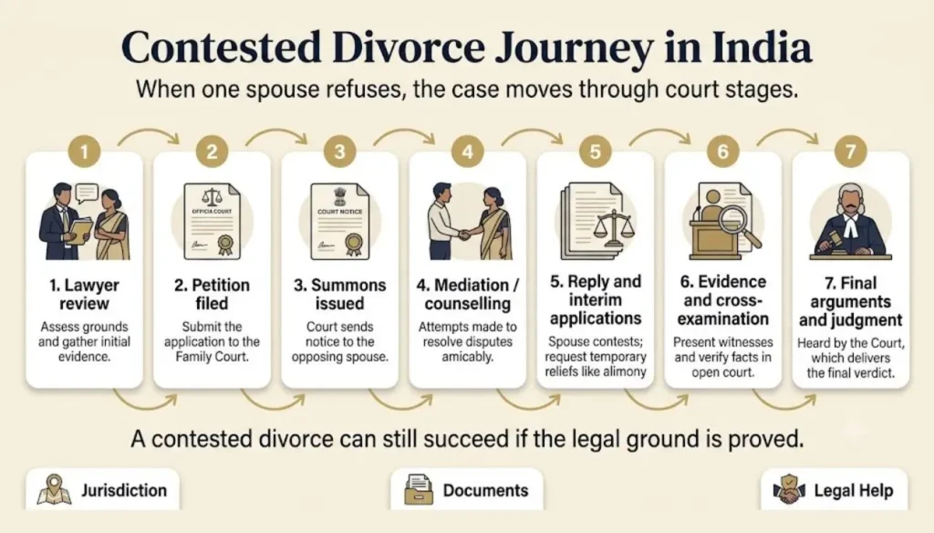 Contested divorce journey in India showing legal steps from lawyer review and petition filing to summons, mediation, evidence, and final judgment.