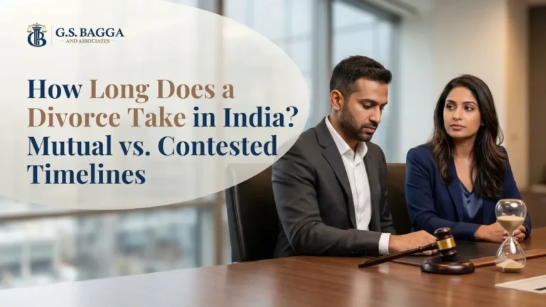 An Indian couple sitting thoughtfully at a law firm desk next to a judge's gavel and an hourglass, illustrating the legal timeline for obtaining a divorce.