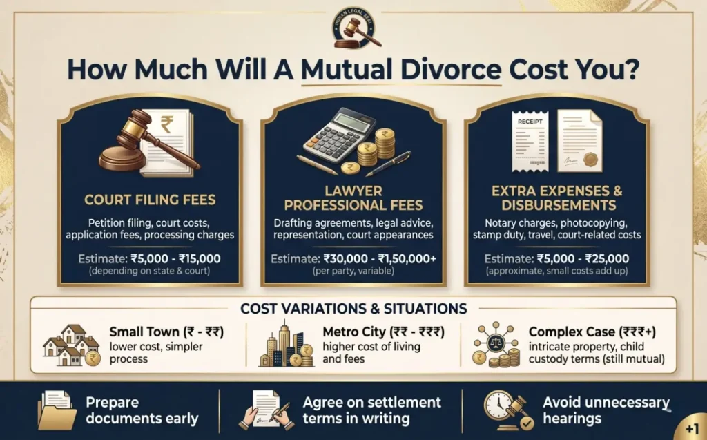 Infographic explaining mutual divorce cost in India, including court filing fees, lawyer fees, extra expenses, and cost variations by town, metro city, and complex case.