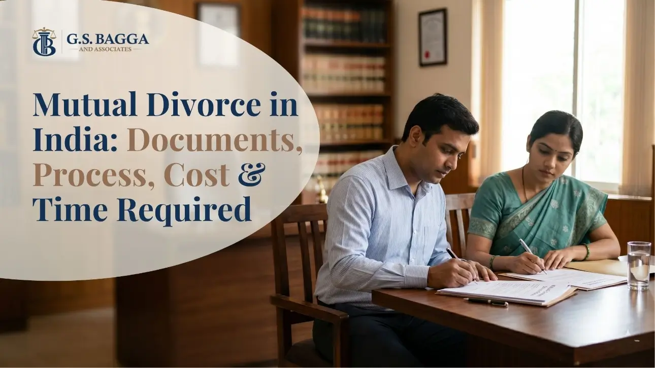 Indian couple signing mutual divorce papers in a family court setting, illustrating mutual divorce documents, process, cost, and time required in India.