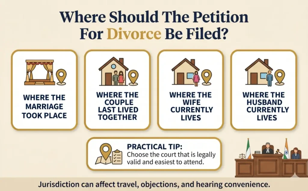 Infographic showing where to file a mutual divorce petition in India, including marriage location, last shared residence, wife’s current residence, and husband’s current residence.