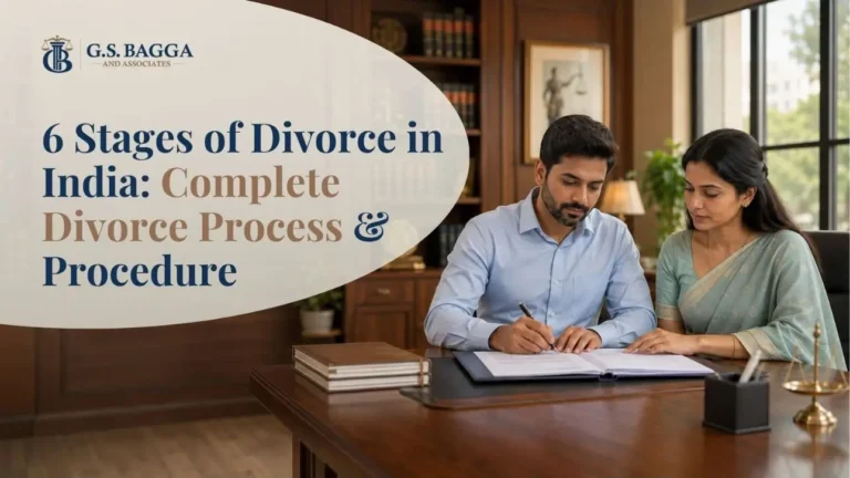 Professional Indian lawyer discussing the divorce process and legal proceedings with a couple in a law office