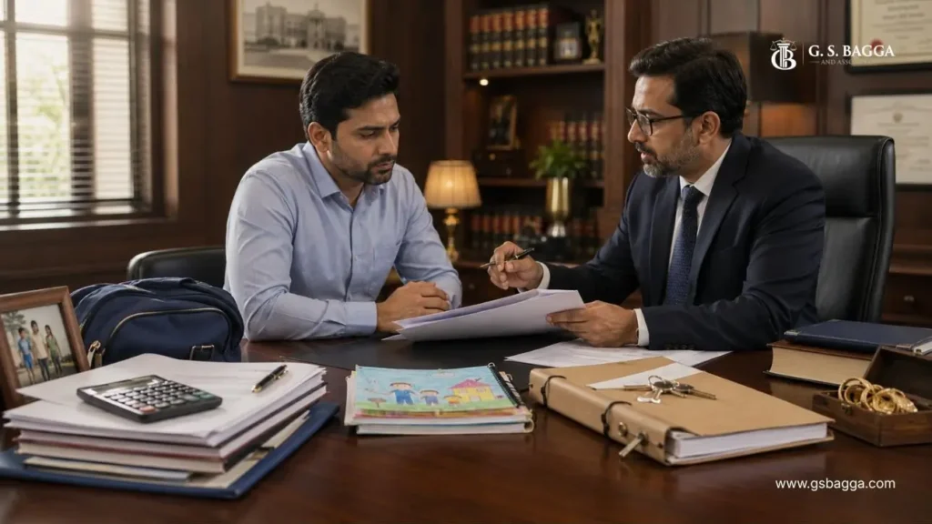 Lawyer discussing maintenance, child custody and property matters with a client during divorce proceedings in India