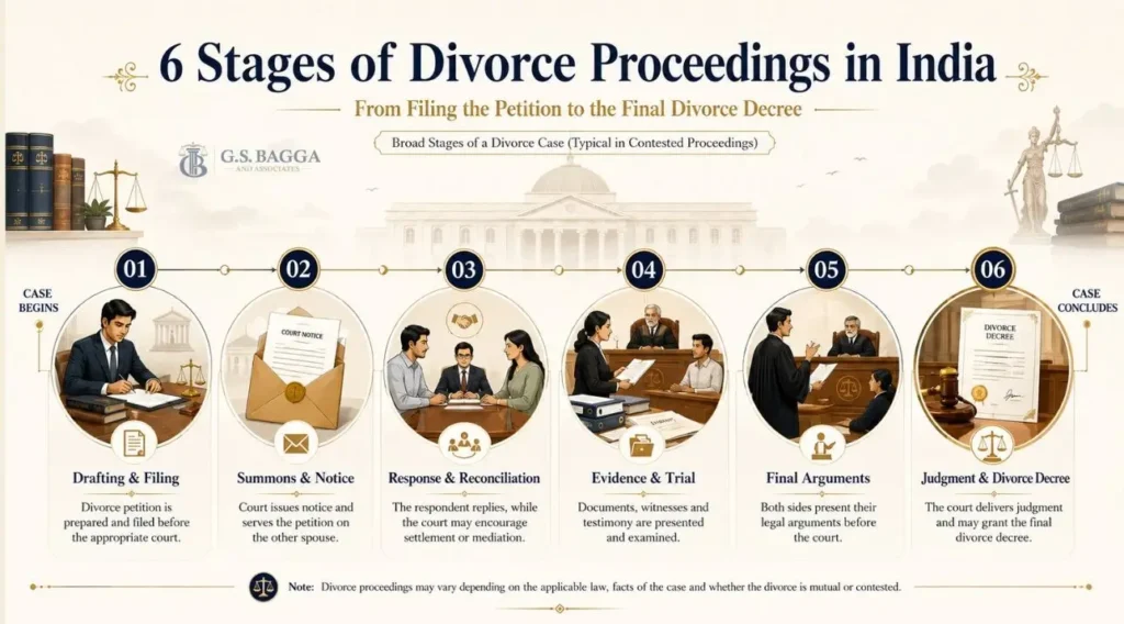 Six stages of divorce proceedings in India from filing the petition and serving notice to evidence, final arguments and divorce decree