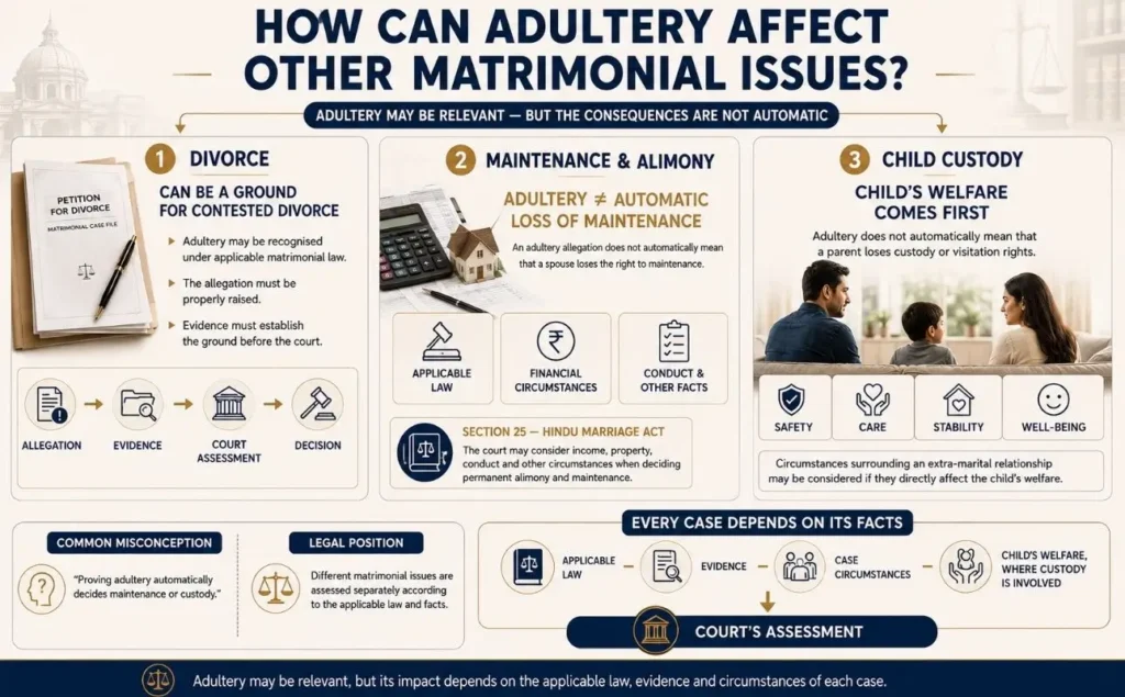 Infographic explaining the impact of adultery on divorce, maintenance, alimony and child custody in India