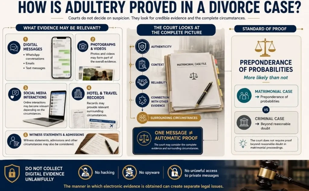 Infographic showing how adultery may be proved using digital, documentary, circumstantial and witness evidence in India