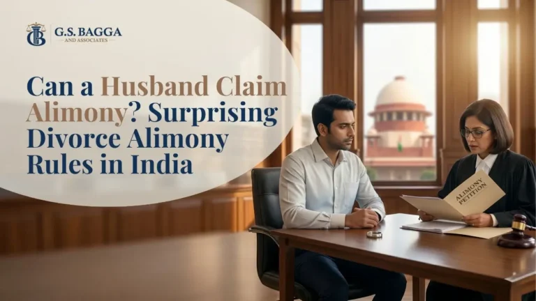 An Indian husband reviewing divorce alimony petition papers with a female lawyer in a Delhi law office court setting.