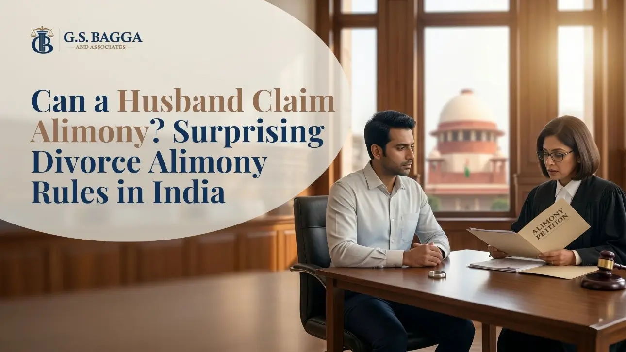 An Indian husband reviewing divorce alimony petition papers with a female lawyer in a Delhi law office court setting.