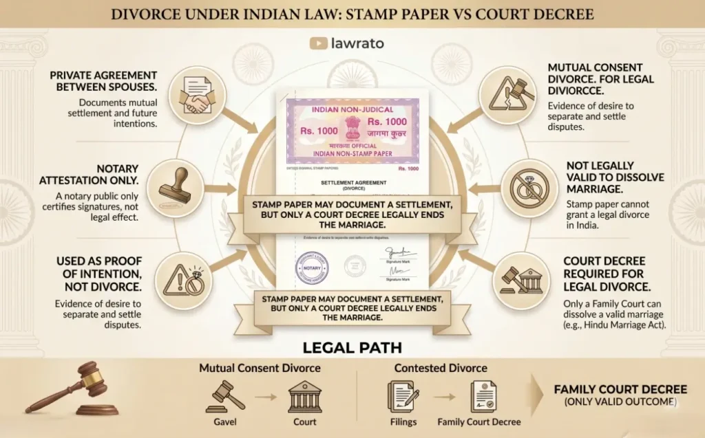 Infographic explaining divorce on stamp paper versus court decree in India, with stamp paper at the center and legal use cases around it.