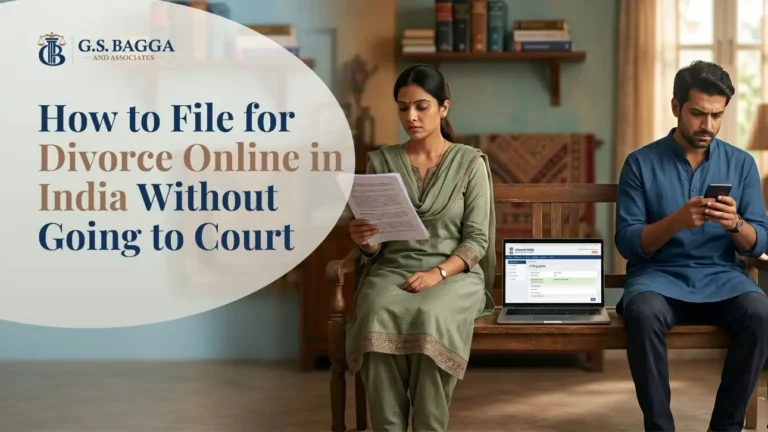 Feature image showing an Indian couple with a laptop displaying the eCourts portal, illustrating File for Divorce Online in India without going to court.