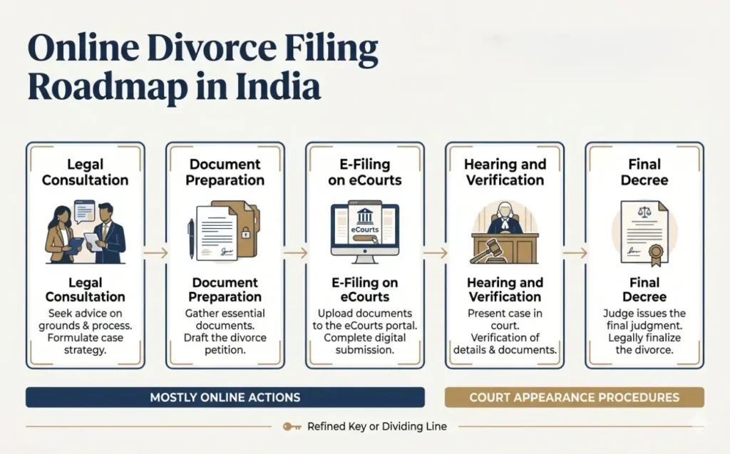Infographic showing the online divorce filing roadmap in India from consultation to final decree