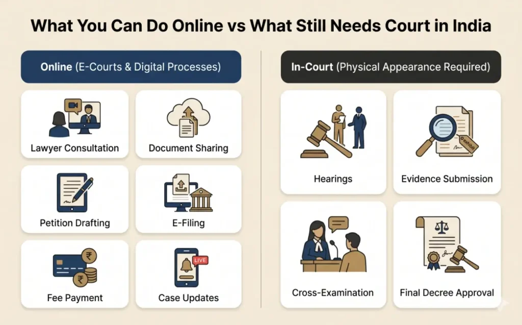 Comparison infographic showing what parts of divorce filing can be done online and what still needs court in India