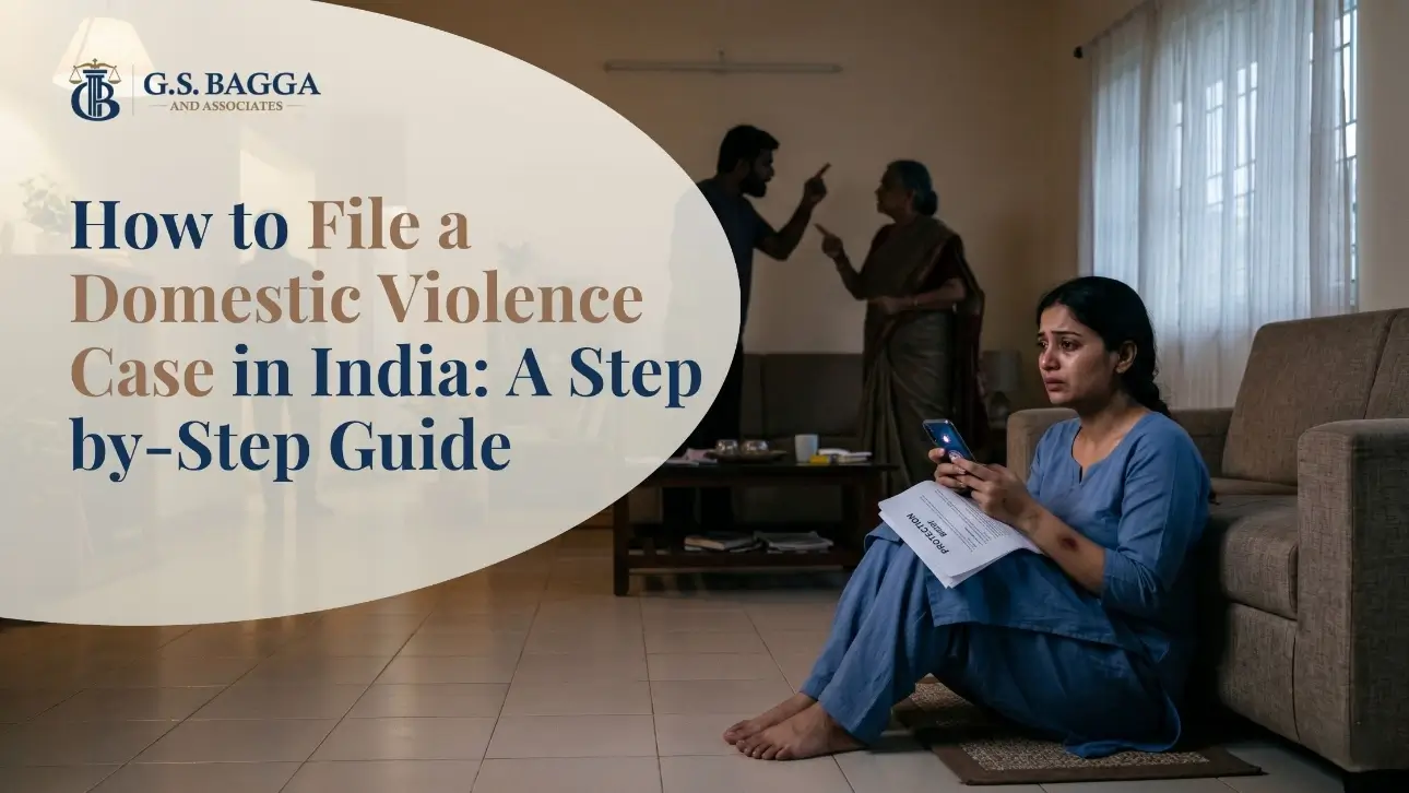 Distressed Indian woman holding a phone and documents while family members argue in the background.