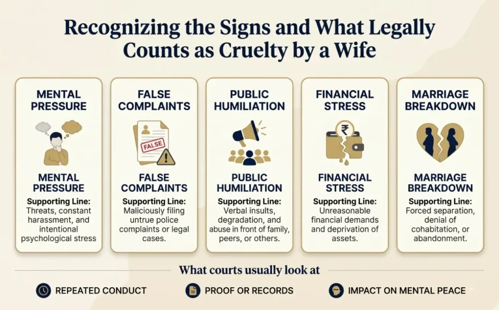Infographic explaining legal grounds of cruelty in marriage in India including mental pressure, false complaints, public humiliation, financial stress, and marital breakdown