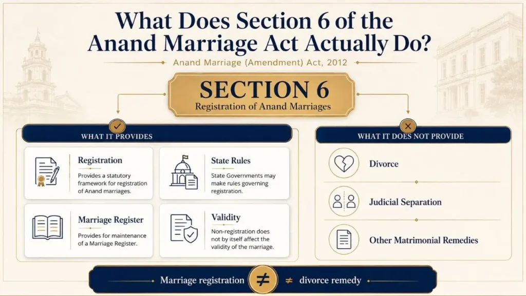 Infographic explaining Section 6 of the Anand Marriage Act covers registration of Sikh Anand marriages but not divorce or judicial separation