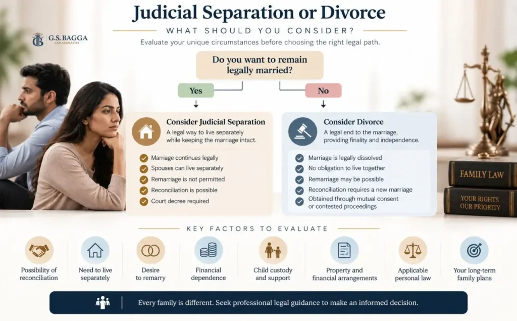 Decision guide comparing judicial separation and divorce in India based on reconciliation, living arrangements, remarriage, finances, child custody, property, and long-term plans