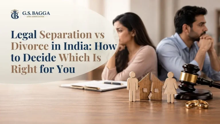 Couple facing marital difficulties with legal documents, wedding rings, and a gavel representing legal Separation vs Divorce in India